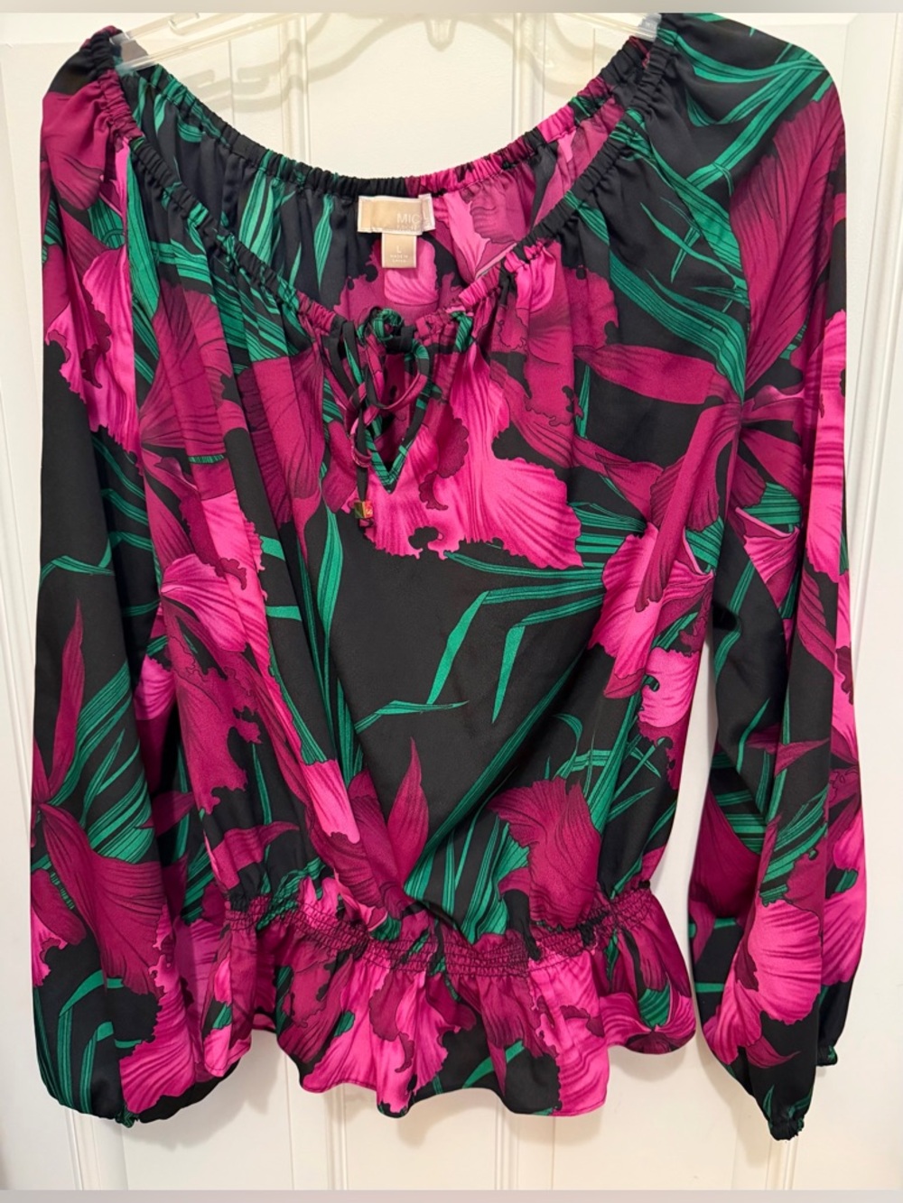 Michael Kors Black and Magenta Orchid Floral Blouse